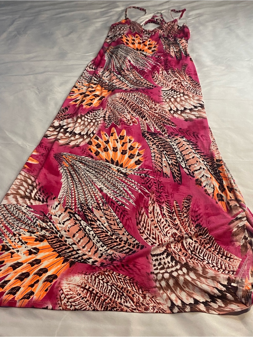 Vibrant Fuchsia Feather-Print Maxi Skirt Size L.
